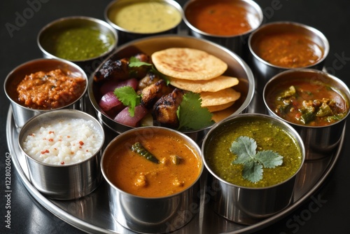 An assortment of Indian food served in metal bowls and pots, including curries, breads, and condiments. photo