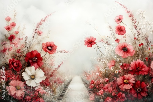 A soft watercolor painting of a deserted railway track surrounded by wildflowers, with colors blending gently to evoke a nostalgic feel photo