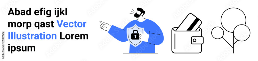 Man pointing to secure wallet with credit cards, encryption symbol on shirt, balloons. Ideal for security awareness, financial protection, data privacy, online safety, user education, cybersecurity