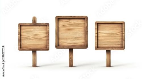 Fototapeta Naklejka Na Ścianę i Meble -  Wood plates with empty space for advertising sign and text message. Realistic 3d vector illustration set of wooden signboard frame. Vintage rustic rectangular, round and square title board plank.
