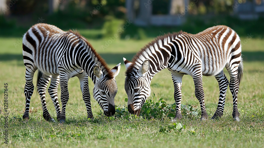 Obraz premium Three zebras grazing together in natural grassland habitat. Perfect for wildlife conservation and safari tourism content.