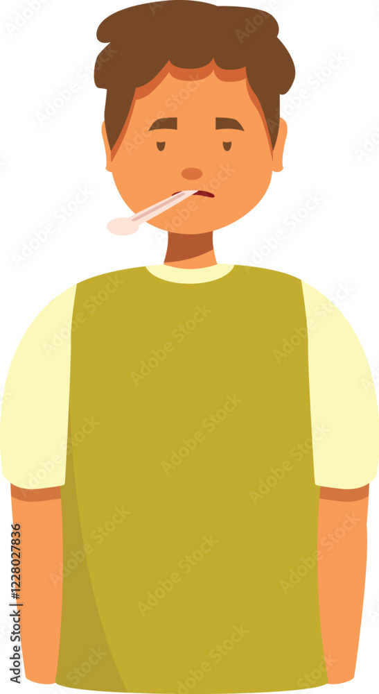 Sick boy using a thermometer, measuring body temperature, feeling unwell, suffering from fever or flu, healthcare and medicine concept Sick boy using a thermometer, measuring body temperature, feeling unwell, suffering from fever or flu, healthcare and medicine concept