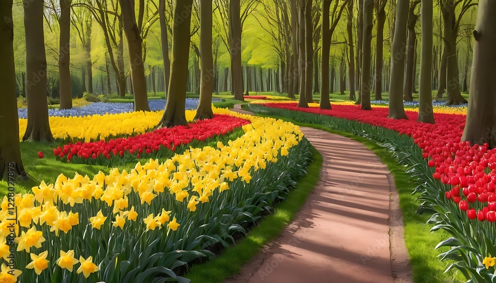 Obraz premium Winding path through a vibrant spring garden, lined with blooming yellow daffodils and red tulips