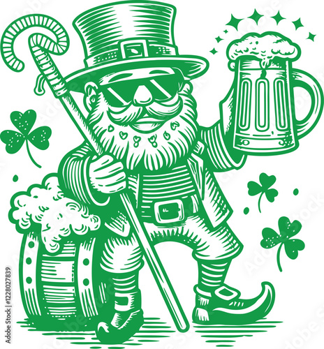 leprechaun sitting on a barrel, holding a frothy beer mug and a decorative transparent background vector with a twisted trunk and lush foliage, symbolizing art sketch engraving ink poster 