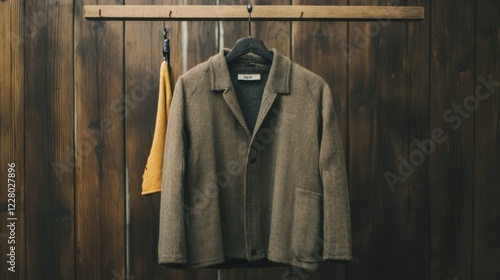 Brown jacket and yellow cloth hanging on wooden rack. photo