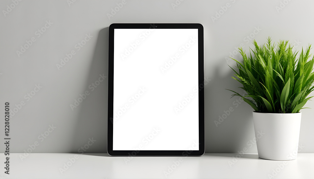 Tablet with a blank screen on table beside potted plant against gray wall, mockup