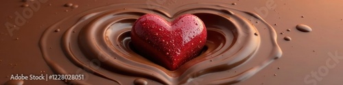 Heart-shaped chocolate emerges from rich, swirling chocolate ripples , treat, cocoa