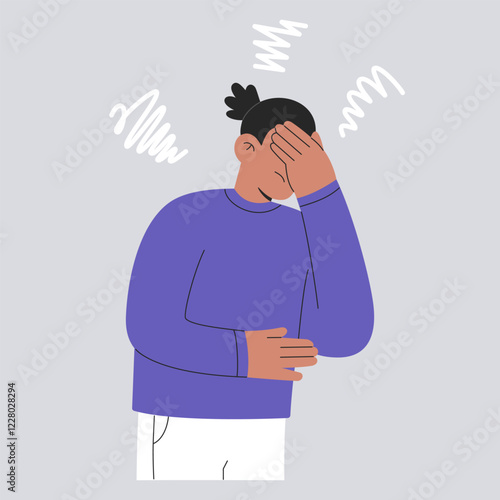 Intrusive thoughts concept, man suffering from obsessive compulsive disorder. Anxious person with mental health problems, confusion in mind and OCD, overthinking. Flat vector isolated illustration