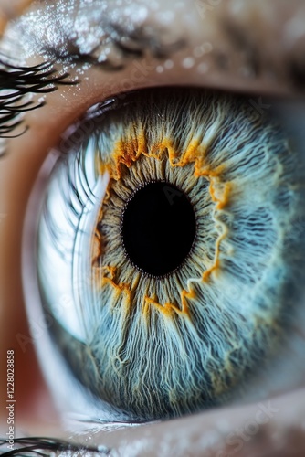 The eye is a beautiful shade of blue with a yellowish tint. The iris is the center of attention, and the pupil is black. The eye is surrounded by a thin line of eyelashes