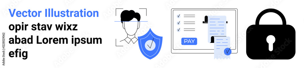 Face scan with shield, online payment form, lock icon signifying security. Ideal for cybersecurity, online payments, identity protection, privacy, data security, authentication abstract line flat Face scan with shield, online payment form, lock icon signifying security. Ideal for cybersecurity, online payments, identity protection, privacy, data security, authentication abstract line flat