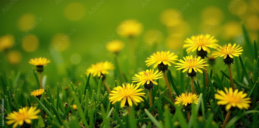 Bright yellow dandelion blooms scattered on the ground, ground, broom county Bright yellow dandelion blooms scattered on the ground, ground, broom county