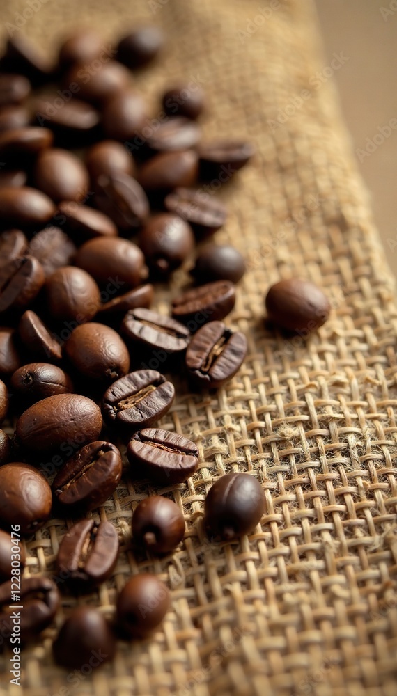 Coffee scattered on a natural burlap background, wooden table, natural, rough Coffee scattered on a natural burlap background, wooden table, natural, rough