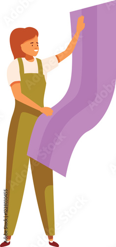 Professional decorator hanging purple wallpaper, house redecoration process, interior design service