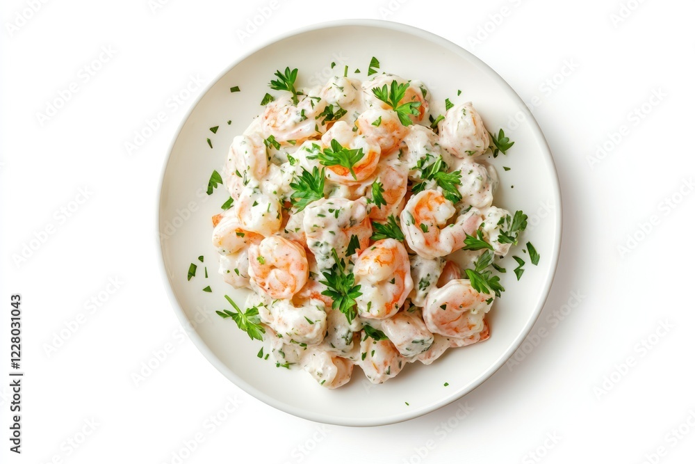Fresh Shrimp Salad on White Plate with Vibrant Garnish Fresh Shrimp Salad on White Plate with Vibrant Garnish
