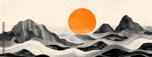 A minimalist Japanese landscape with flowing water and mountains, featuring an orange sun in the sky
