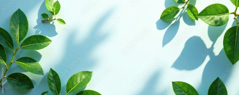 Obraz premium Foliage in soft blue shadow on a white surface, branches, plants, greenery