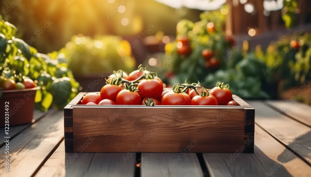 Wooden box full of fresh tomatoes in the garden. Wooden box full of fresh tomatoes in the garden.
