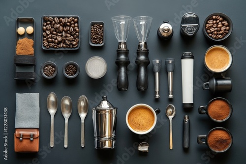 Coffee preparation tools and ingredients kitchen photography minimalist top-down brewing techniques photo