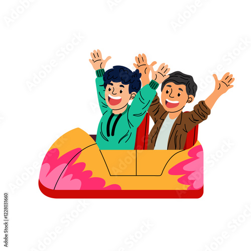 Young people having fun in an artacion park. People riding roller coaster. Hilarity. Flat illustration on white background.