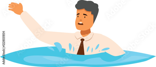 Office worker drowning in water, raising hand and asking for help