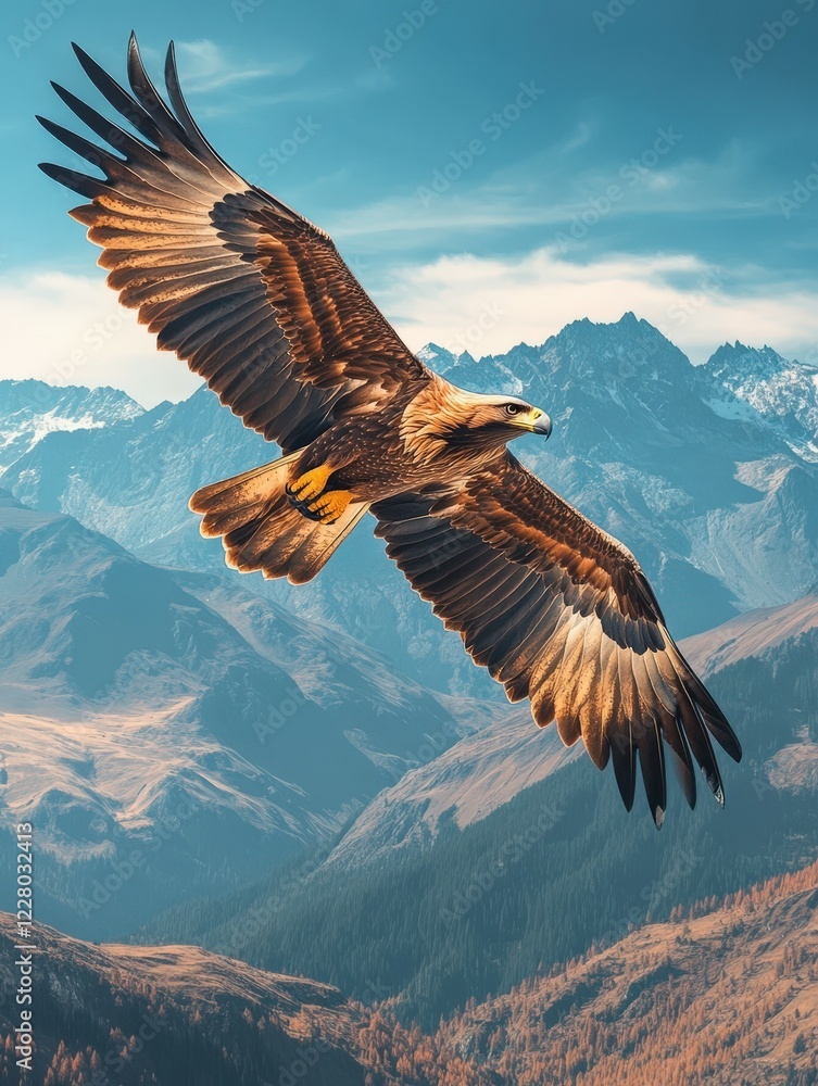 Fototapeta premium Majestic eagle soars over breathtaking mountain range