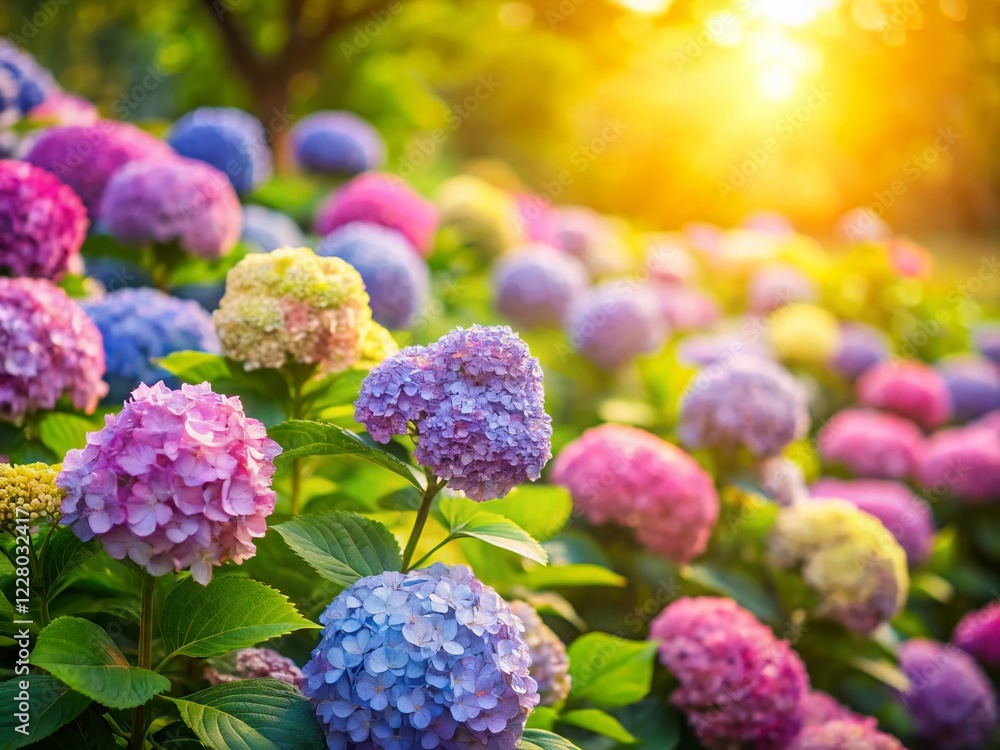 Miniature Hydrangea Bush Garden, Tilt-Shift Photography, Blooming Flowers Miniature Hydrangea Bush Garden, Tilt-Shift Photography, Blooming Flowers