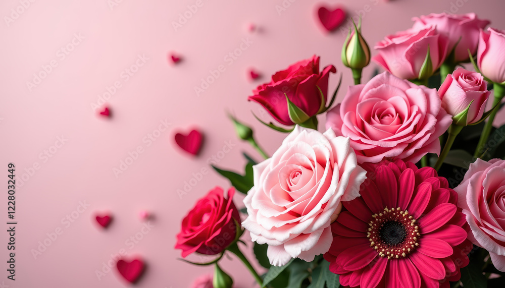 Fototapeta premium Artistic arrangement of flowers with scattered hearts and petals, symbolizing love and joy for International Women's Day and Valentine's Day.