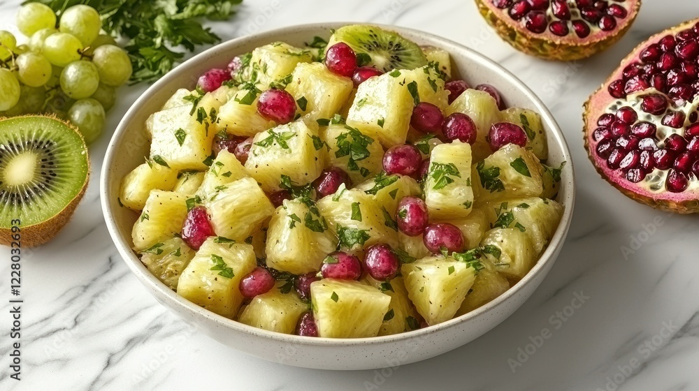Tropical fruit salad, kitchen counter, pomegranates, recipe Tropical fruit salad, kitchen counter, pomegranates, recipe