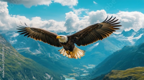 Majestic eagle soaring over a mountainous landscape