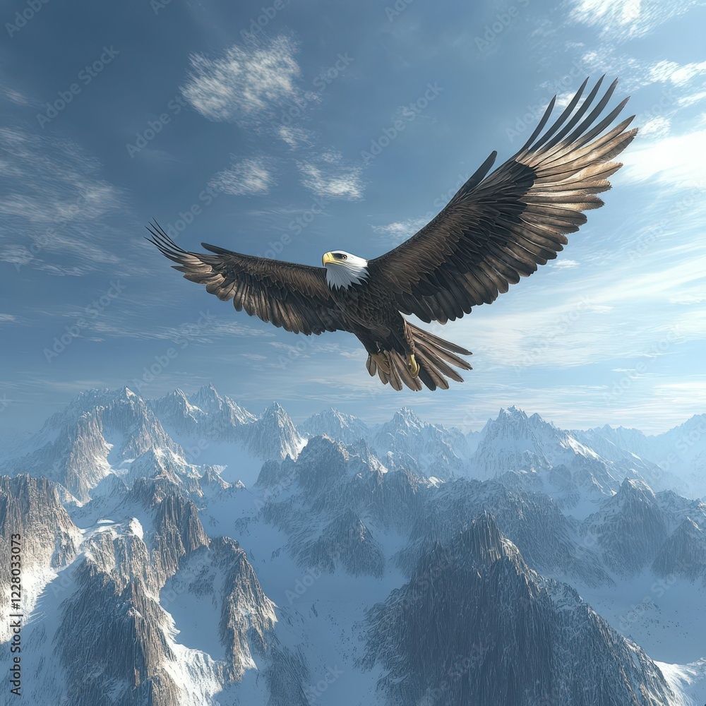 Obraz premium Majestic eagle soaring over snowy mountain peaks