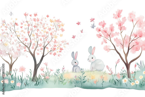 Gentle watercolor illustration of two rabbits in a blooming meadow surrounded by pastel pink and white trees. A serene and whimsical spring scene for seasonal and festive designs. photo