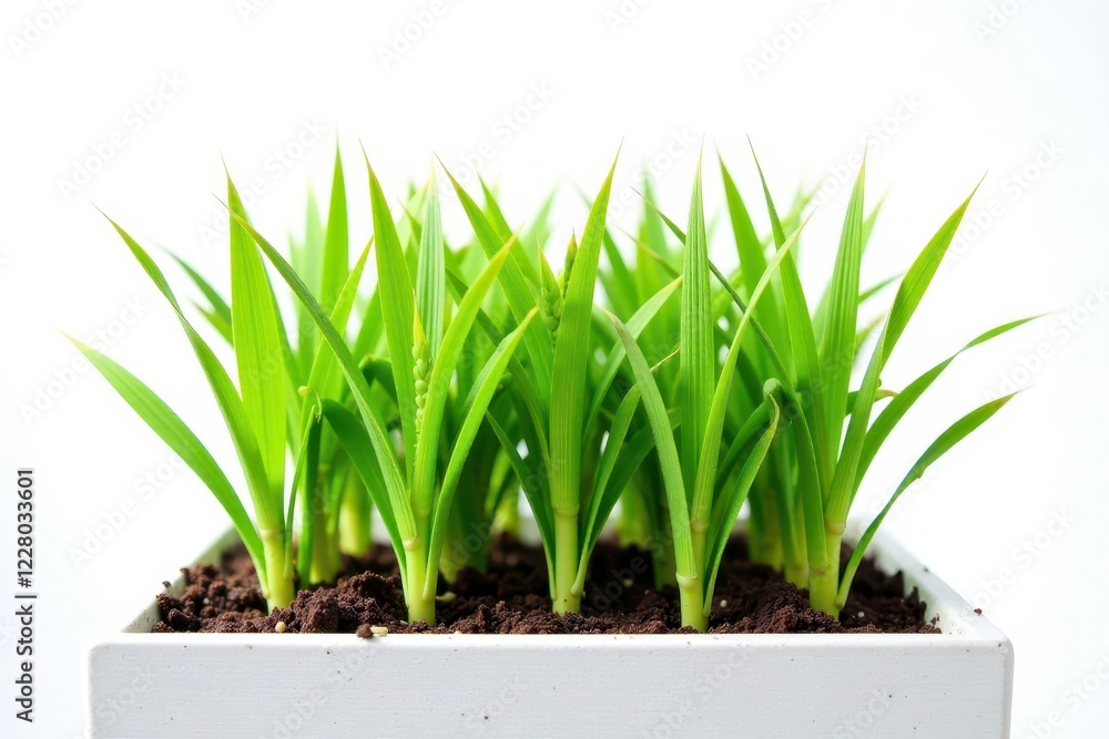 Oat plants growing in a rectangular planter box against white background, nature, garden, agriculture Oat plants growing in a rectangular planter box against white background, nature, garden, agriculture