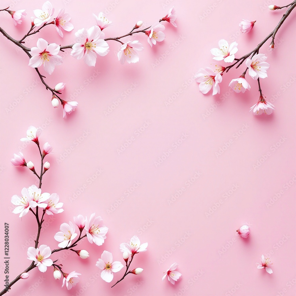 Delicate cherry blossom branches on pink background. Japanese spring sakura flowers creating corner frame composition. Natural floral arrangement for romantic and feminine design Delicate cherry blossom branches on pink background. Japanese spring sakura flowers creating corner frame composition. Natural floral arrangement for romantic and feminine design