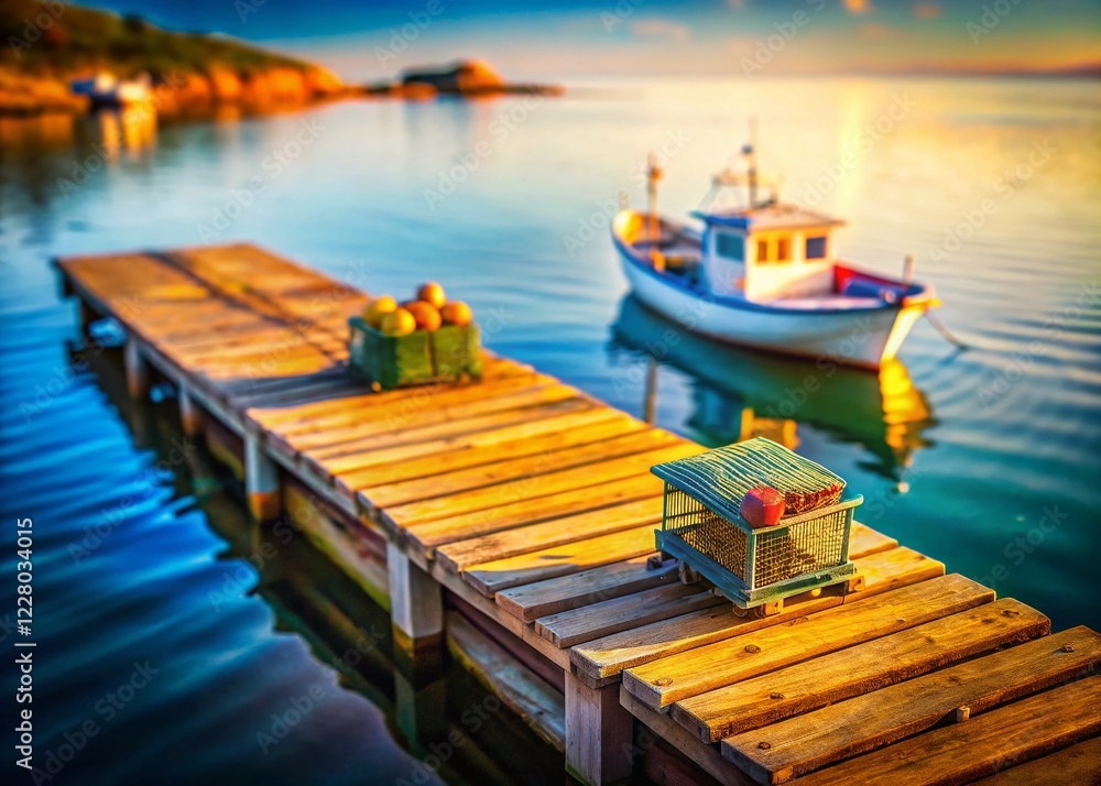 Miniature Rustic Pier with Fishing Boat & Lobster Traps - Tilt-Shift Photography Miniature Rustic Pier with Fishing Boat & Lobster Traps - Tilt-Shift Photography