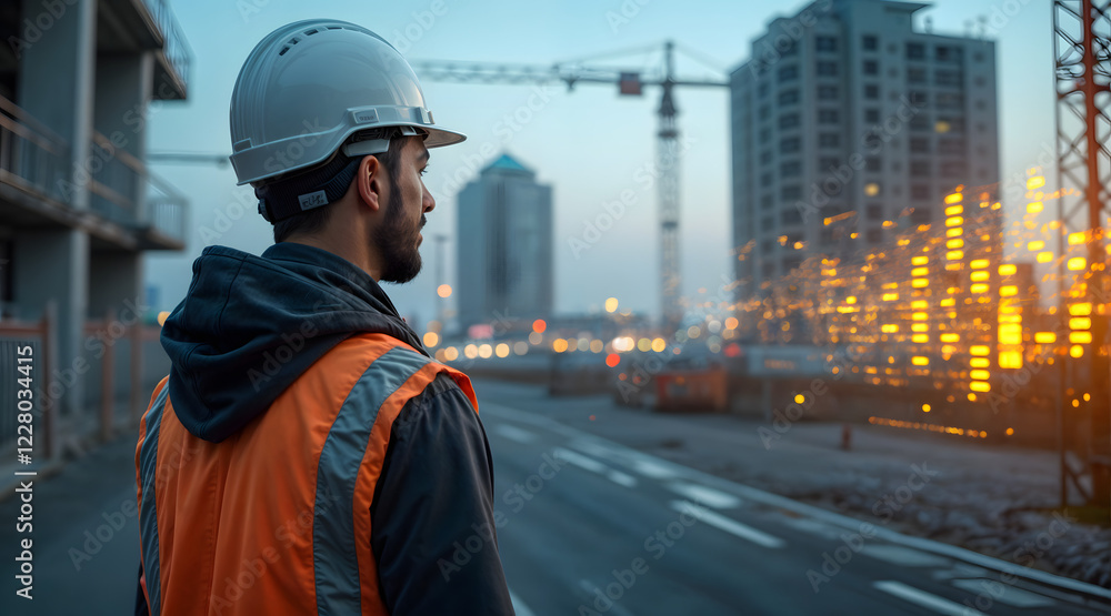 Obraz premium Engineer overseeing smart construction site with digital technology