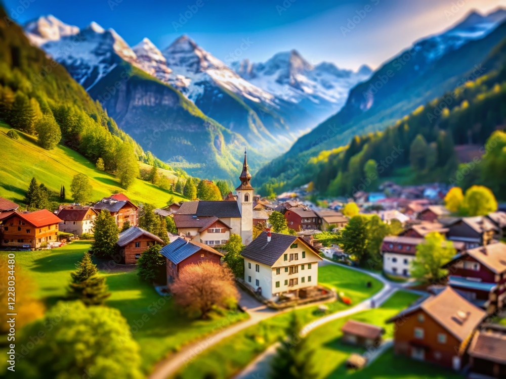 Obraz premium Miniature Swiss Alps: Idyllic Mountain Village Tilt-Shift Photography