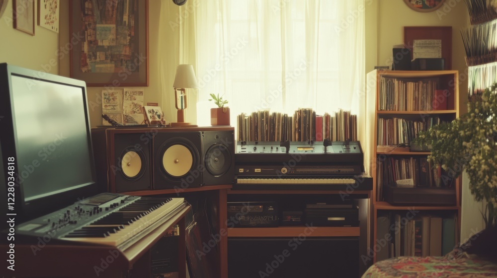 Fototapeta premium A home music studio with a keyboard, synthesizer, and shelves of records.