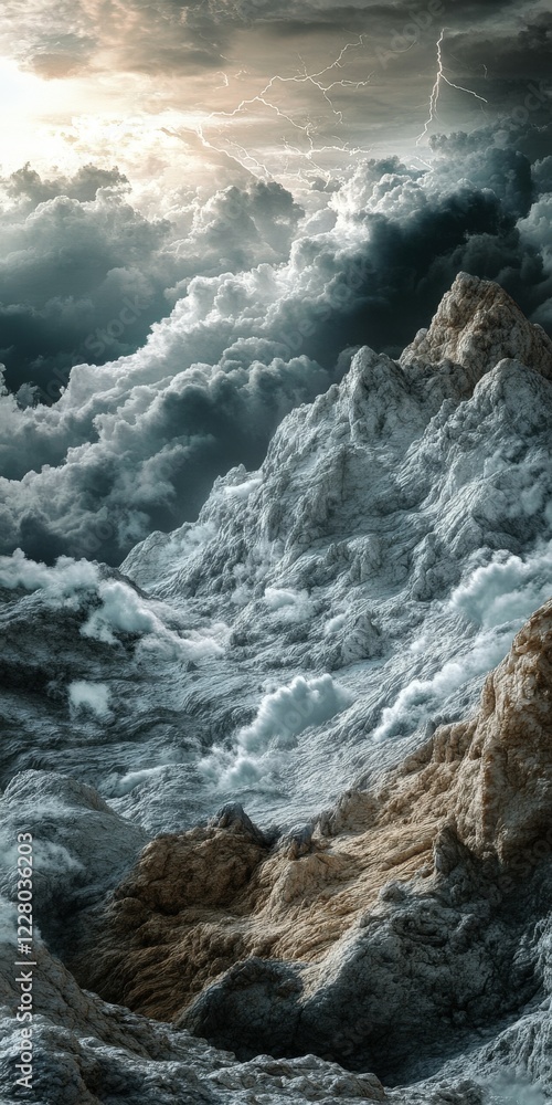 Obraz premium Majestic mountain peaks rise above turbulent stormy clouds