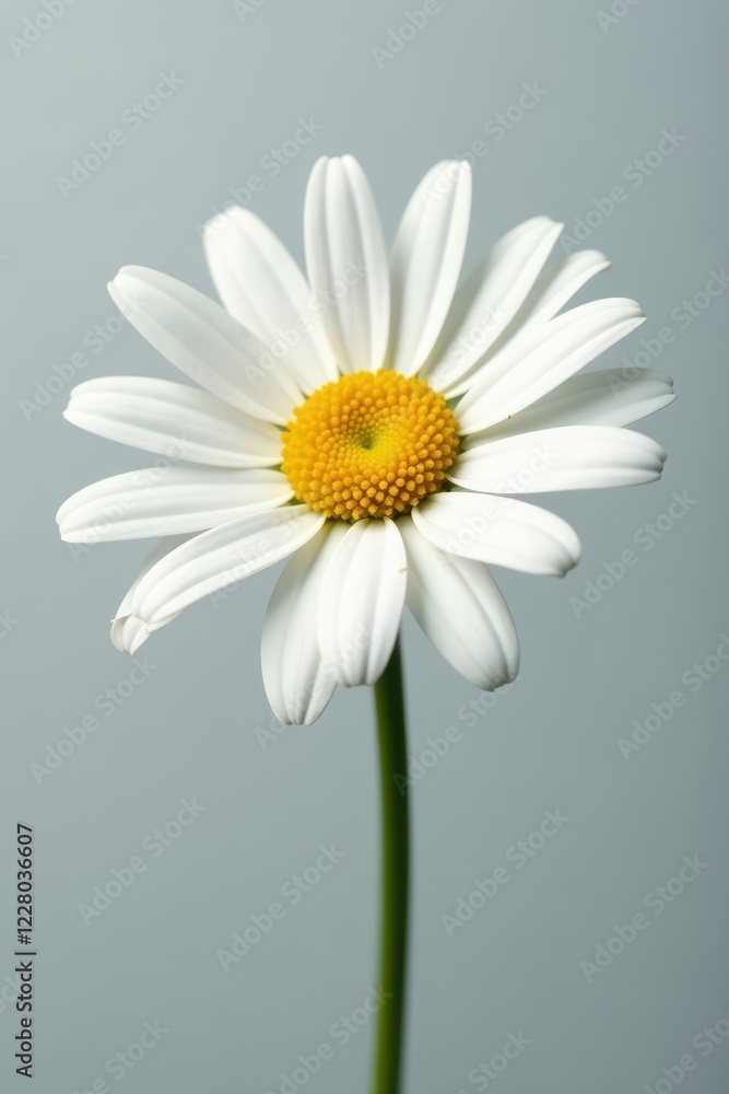 Single white daisy, petals unfurled, vibrant yellow center , flora, flower detail Single white daisy, petals unfurled, vibrant yellow center , flora, flower detail