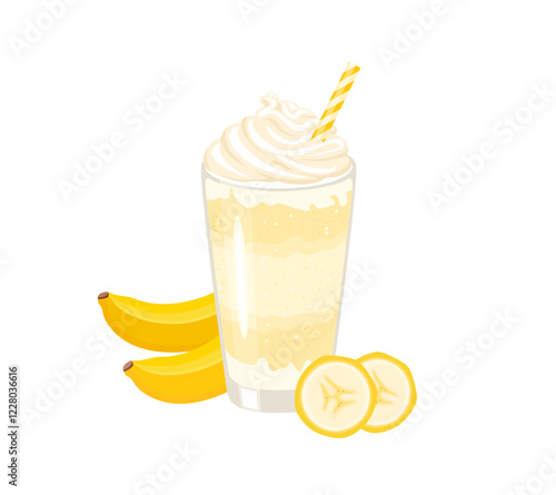 Banana smoothies glass isolated on white. Tropical fruit milkshake. Vector cartoon flat illustration