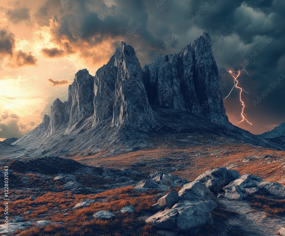 Fototapeta premium Dramatic mountain landscape under stormy sky at dusk
