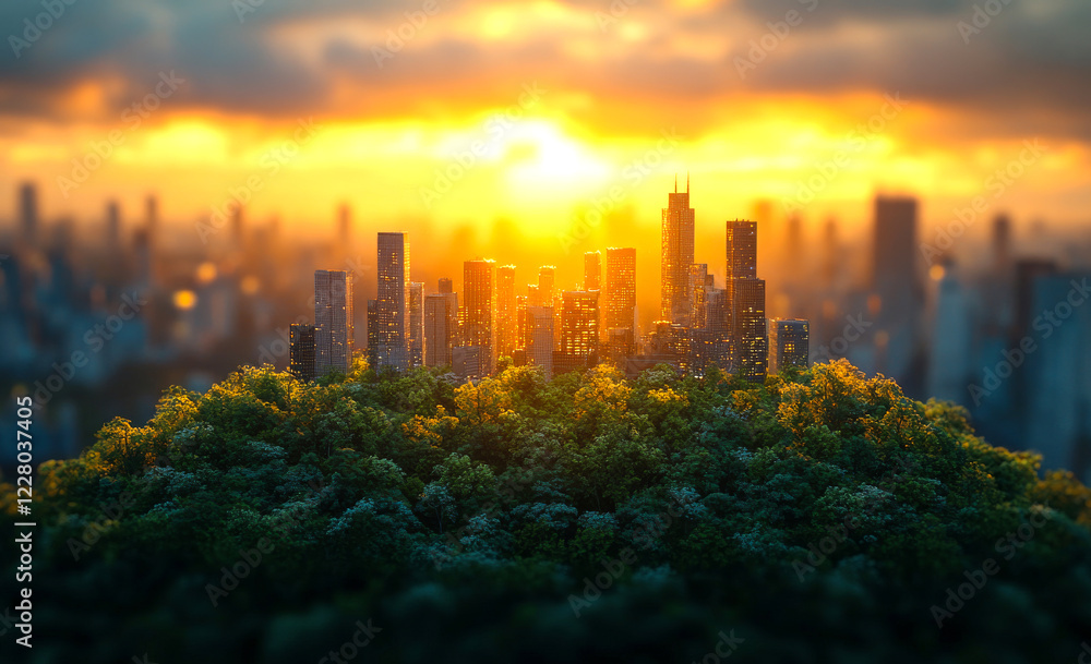 Obraz premium A city is shown in the foreground with a large city in the background. The sun is setting, casting a warm glow over the scene. The city is surrounded by trees, giving it a peaceful