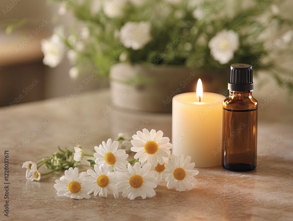 Aromatherapy setup with chamomile flowers, essential oil, and candle. Aromatherapy setup with chamomile flowers, essential oil, and candle.