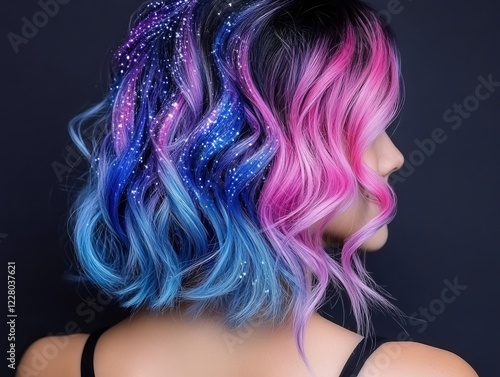 Woman showing colorful iridescent hair with glitters on dark background