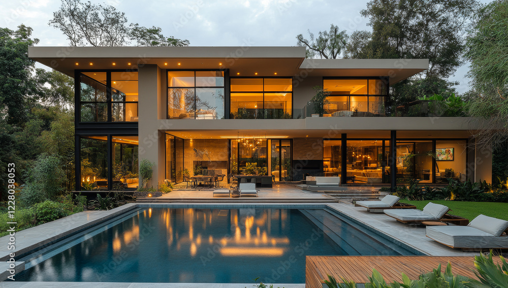 Obraz premium A large house with a pool and a lot of windows. The house is very modern and has a lot of natural light coming in