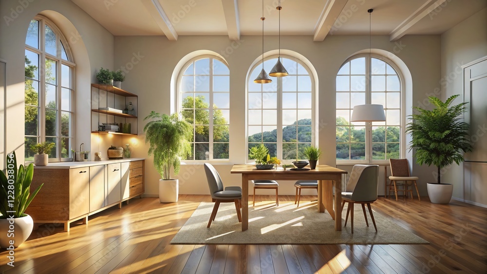 Fototapeta premium Minimalist Bright Room Midday Sunlit Arch Window Interior Design Stock Photo