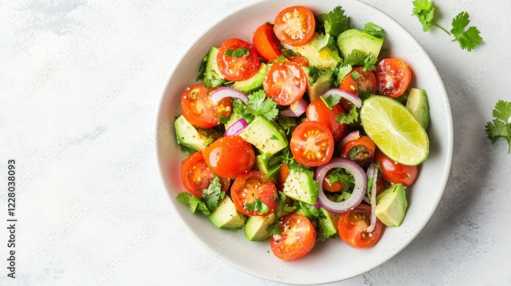 A fresh avocado salad with cherry tomatoes, red onions, and a light lemon vinaigrette