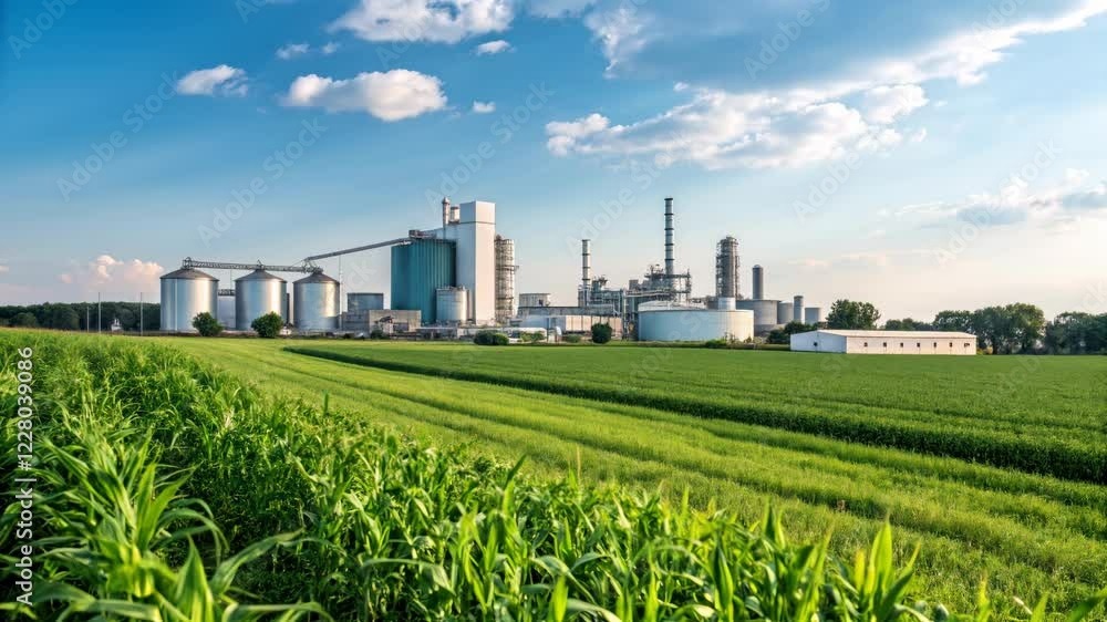 A wide view of a modern industrial facility next to lush green fields and blue skies. A wide view of a modern industrial facility next to lush green fields and blue skies.