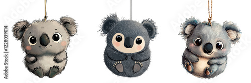 A set of christmas tree ornament of a cute animal isolated on a transparent background. Watercolor-style illustration of a round koala hanging by a string. Christmas theme.