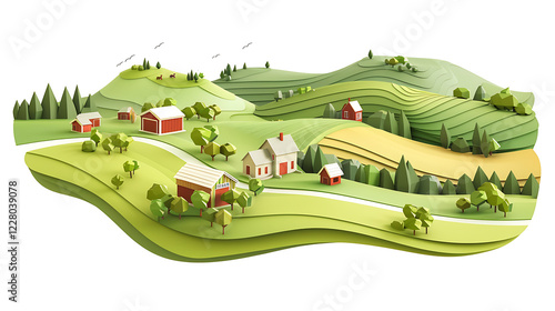 Farm building landscape in 3D low poly